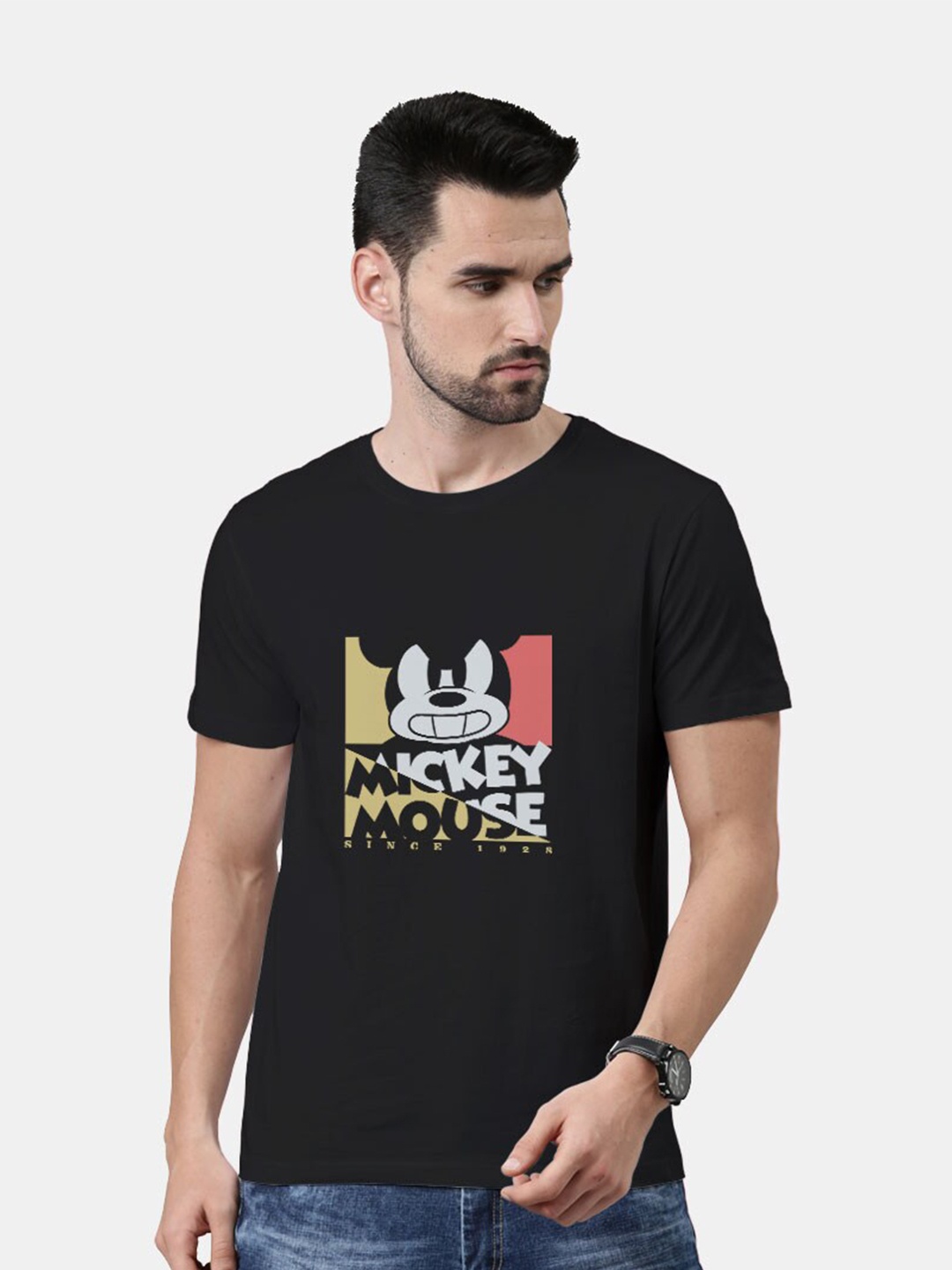 

macmerise Men Black Mickey Mouse Printed Bio Finish T-shirt