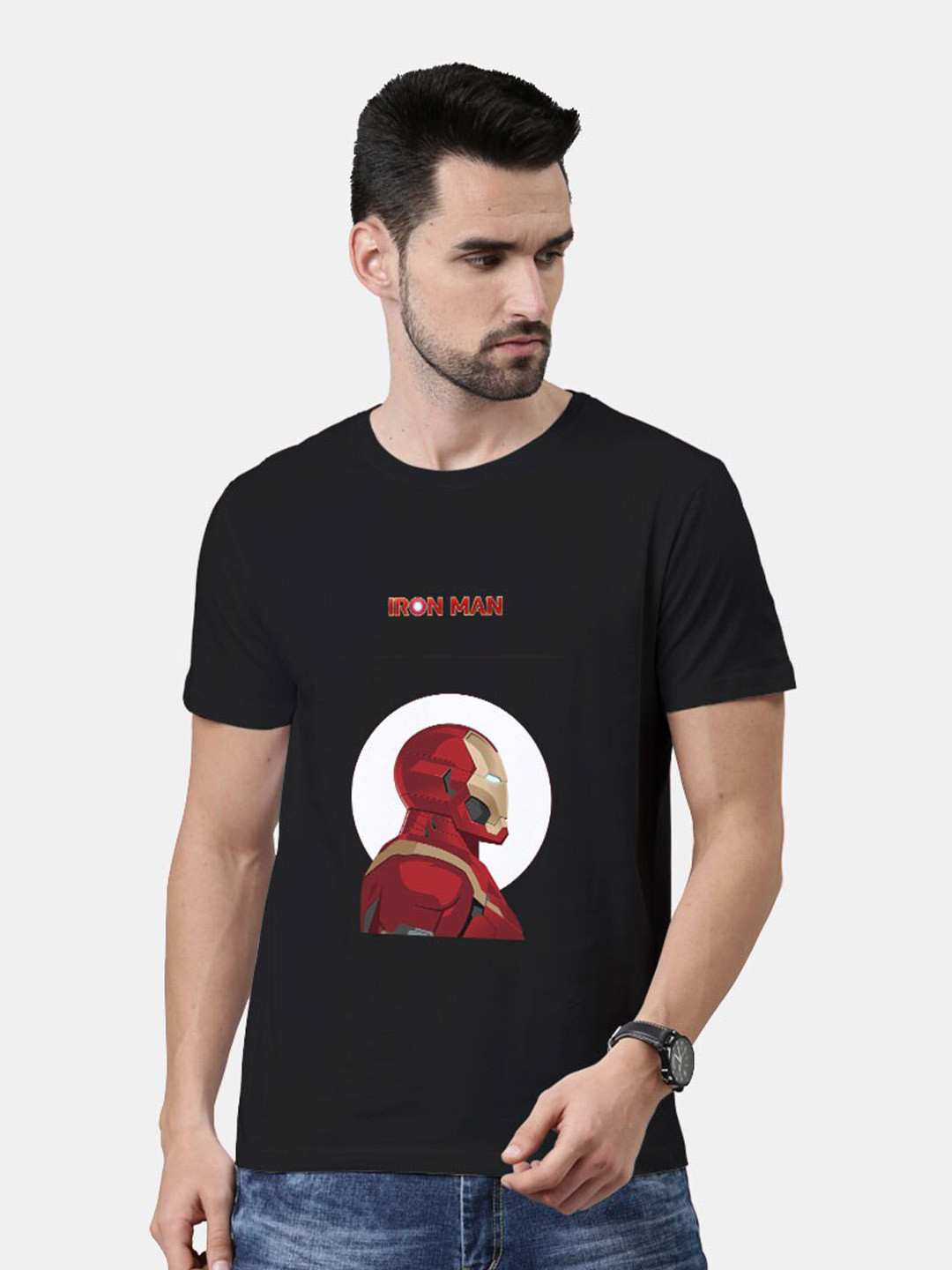 

macmerise Men Black Iron Man Printed Bio Finish T-shirt