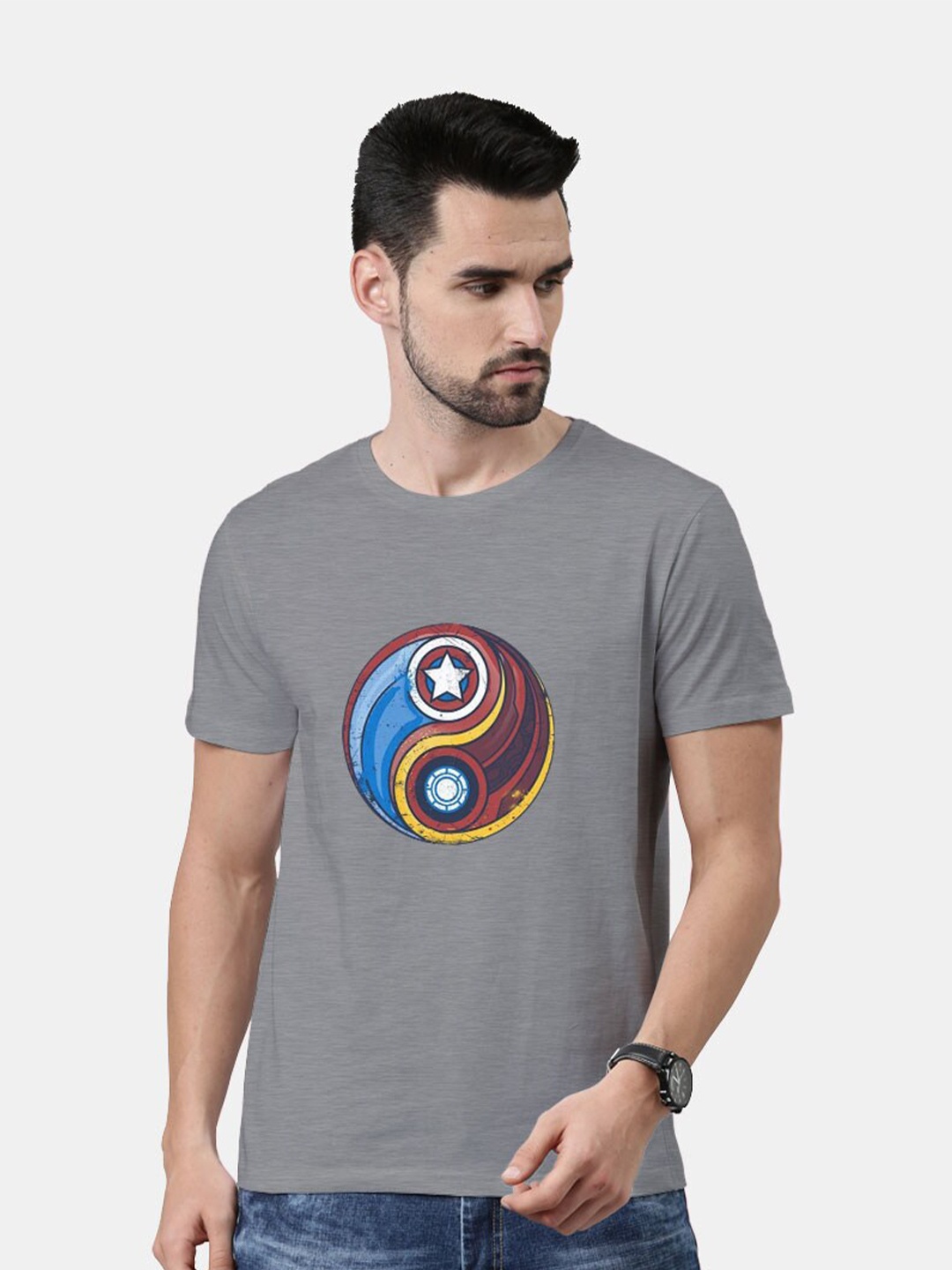 

macmerise Men Grey Printed Bio Finish Cotton T-shirt