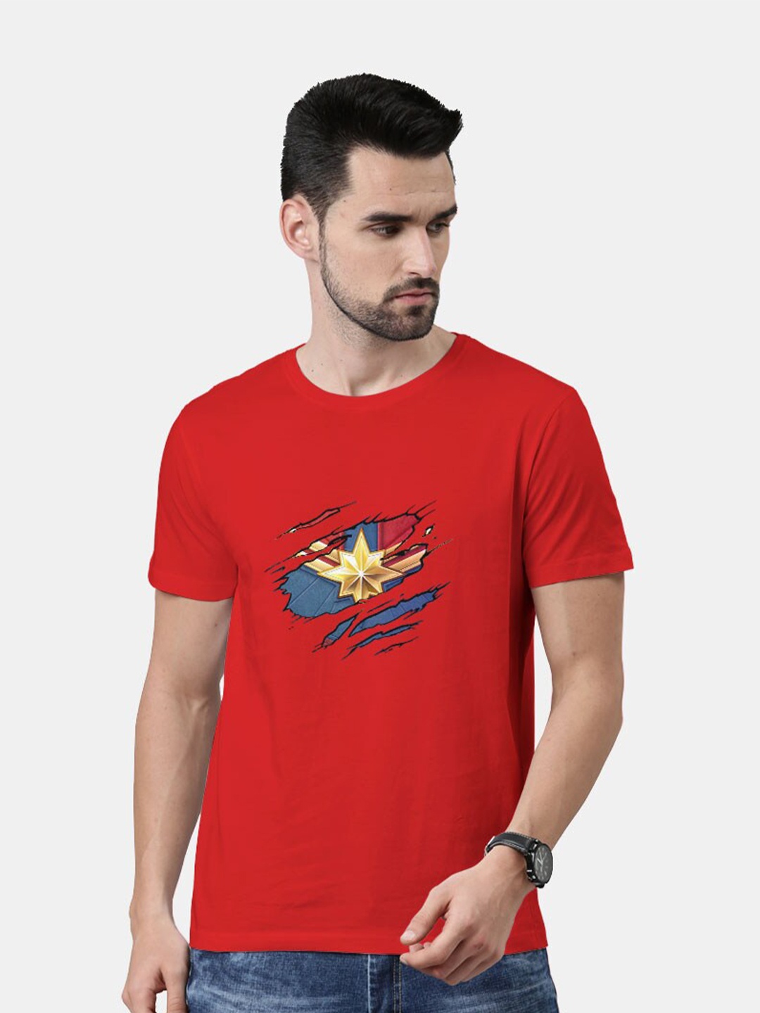 

macmerise Men Red Captain Marvel Printed Bio Finish T-shirt