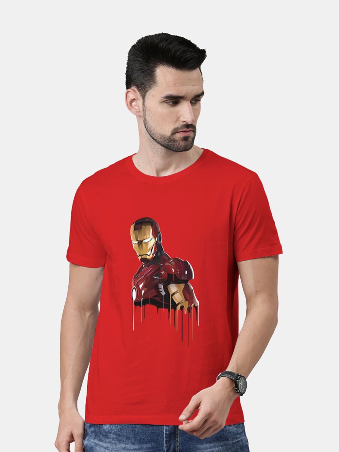 

macmerise Men Red Iron Man Printed Cotton Bio Finish T-shirt