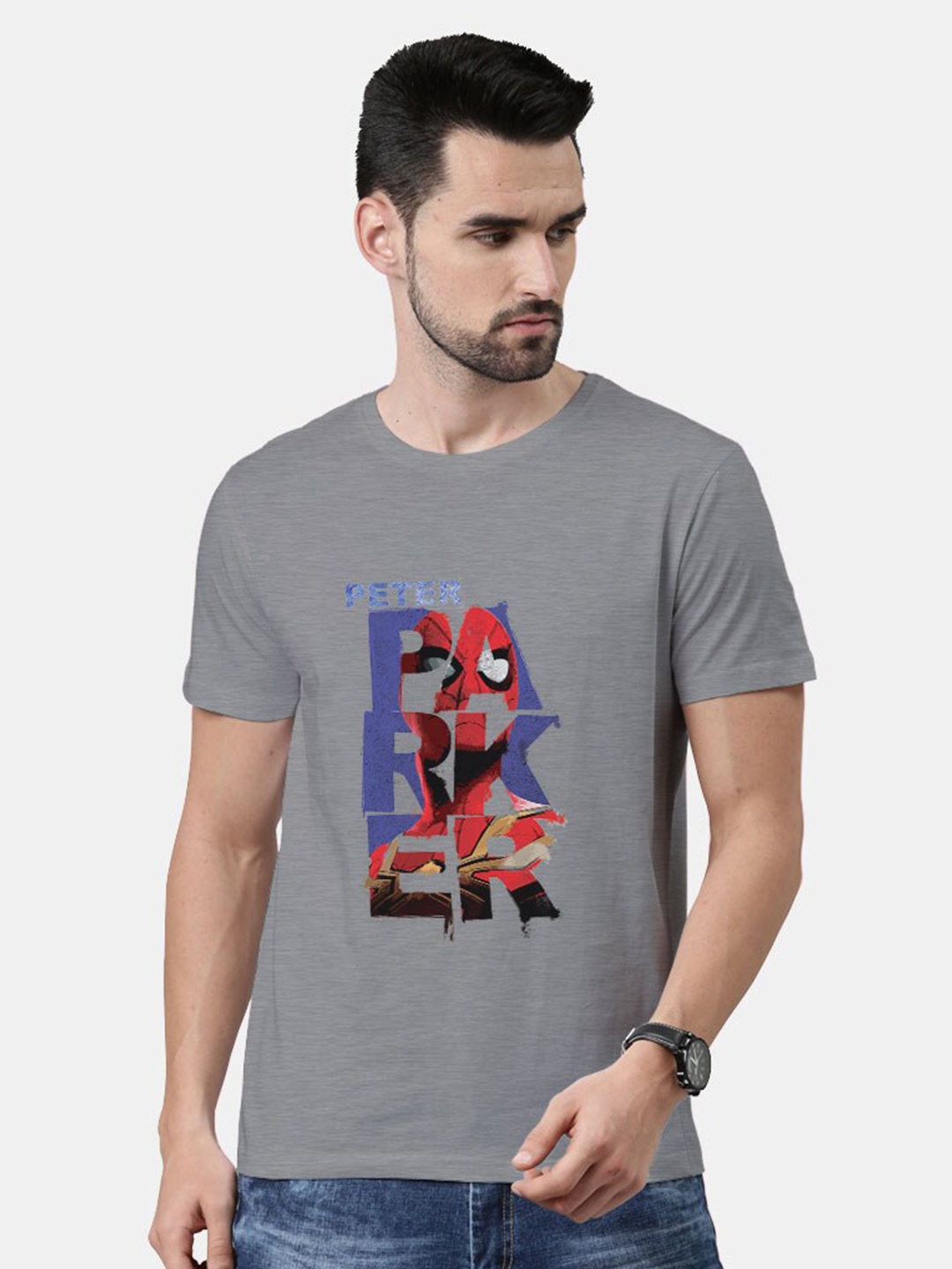 

macmerise Men Grey & Red Spider-Man Printed Bio Finish T-shirt