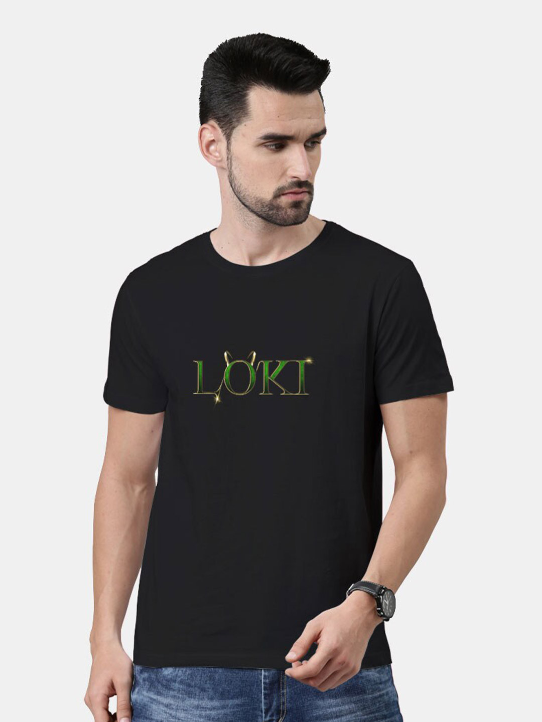 

macmerise Men Black Loki Logo Printed Cotton Bio Finish T-shirt