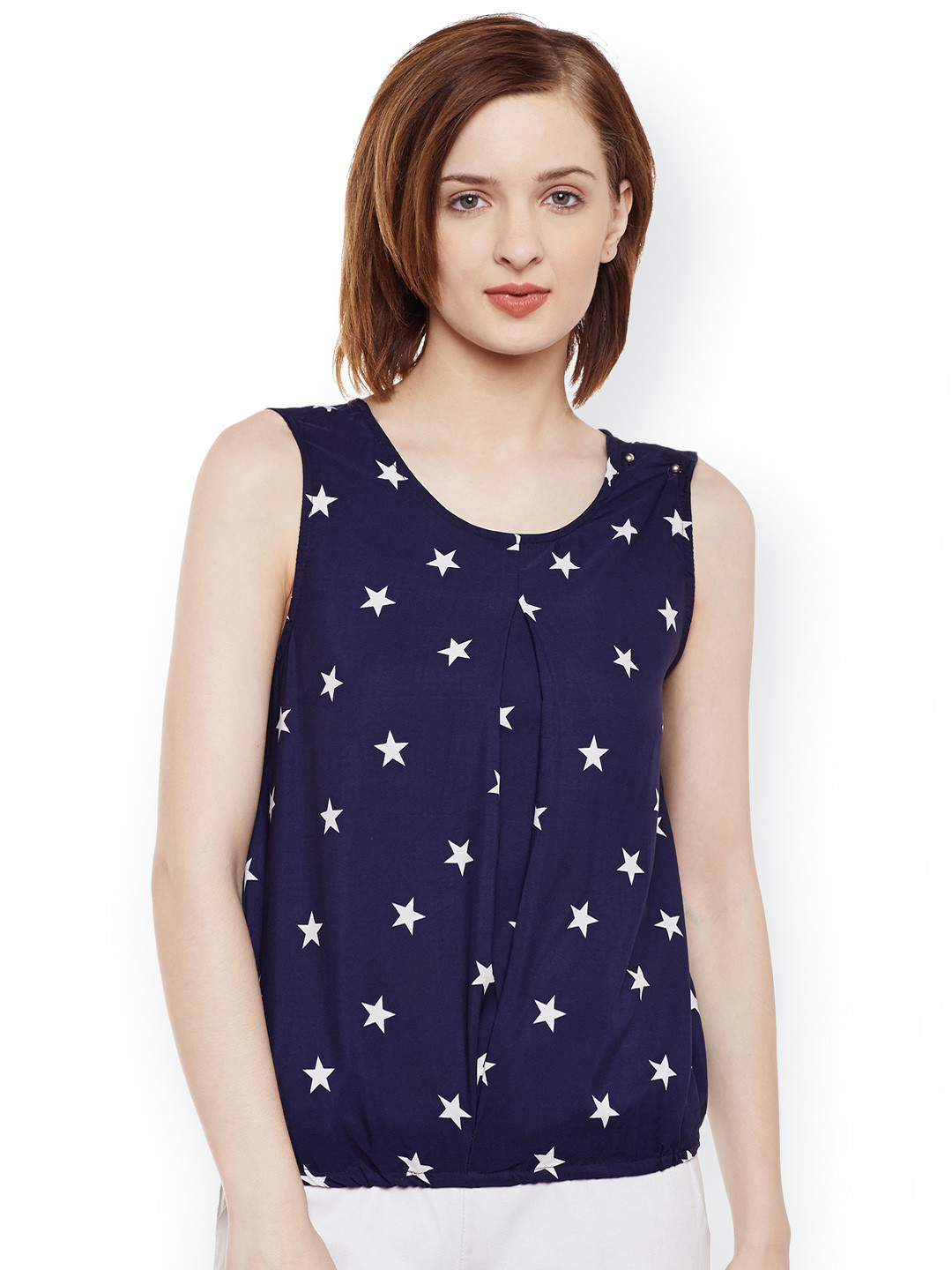 

Belle Fille Women Navy Blue Printed Blouson Top