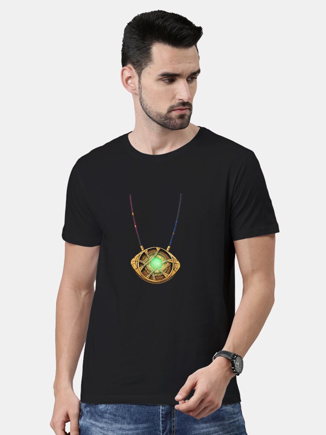 

macmerise Men Black & Green Printed Bio Finish T-shirt