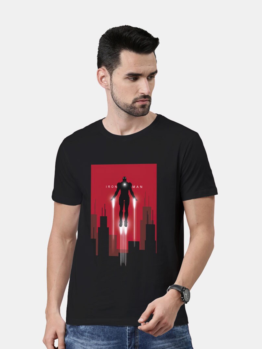 

macmerise Men Black Iron Man Printed Bio Finish T-shirt