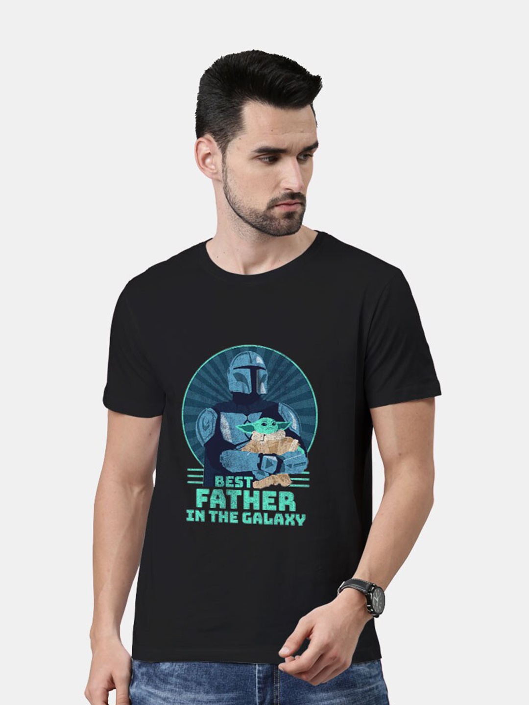 

macmerise Men Black Best Mandolorian Father Printed Bio Finish Raw Edge T-shirt