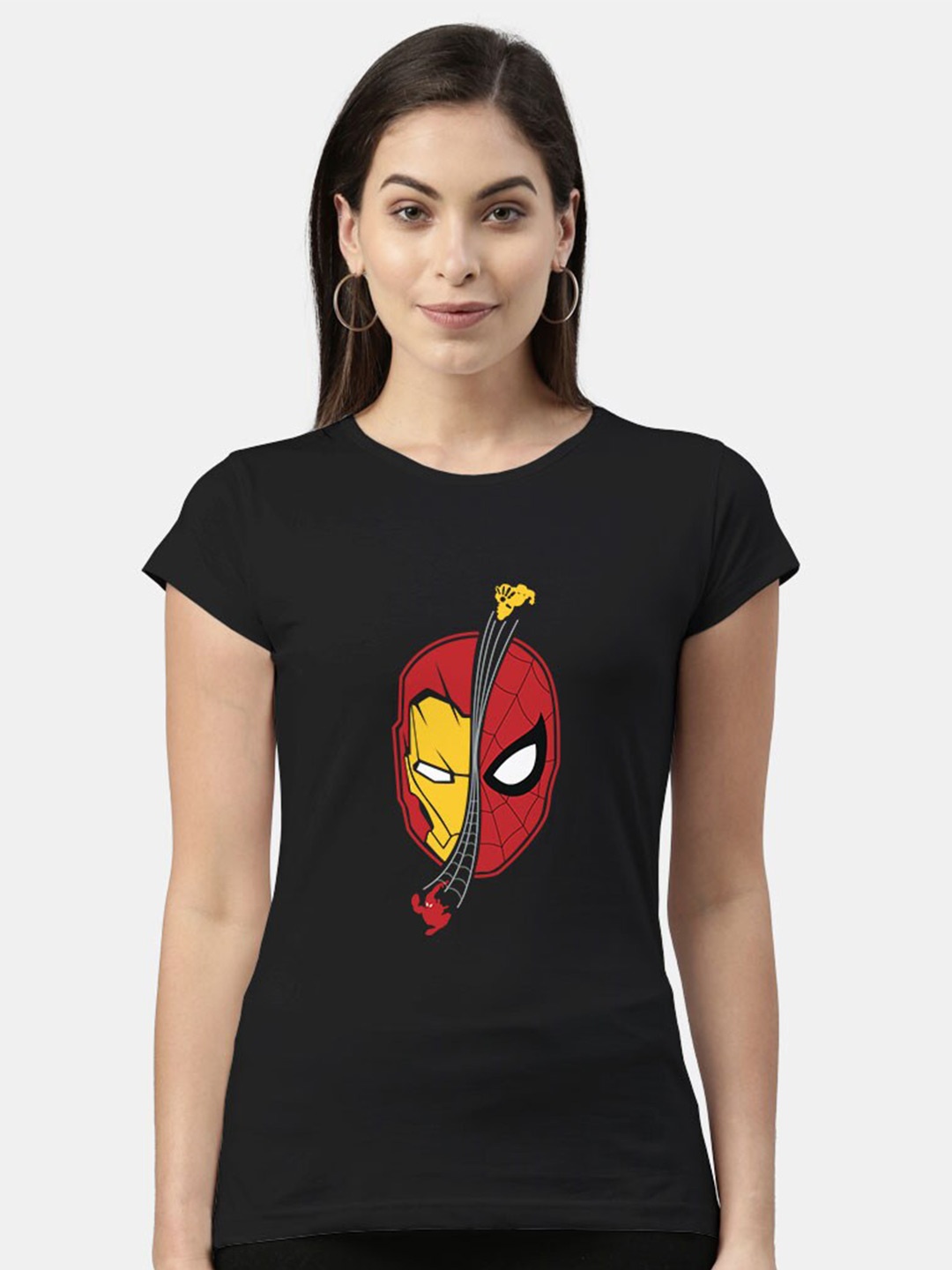 

macmerise Women Black & Red Spider-Man Printed Extended Sleeves Bio Finish T-shirt