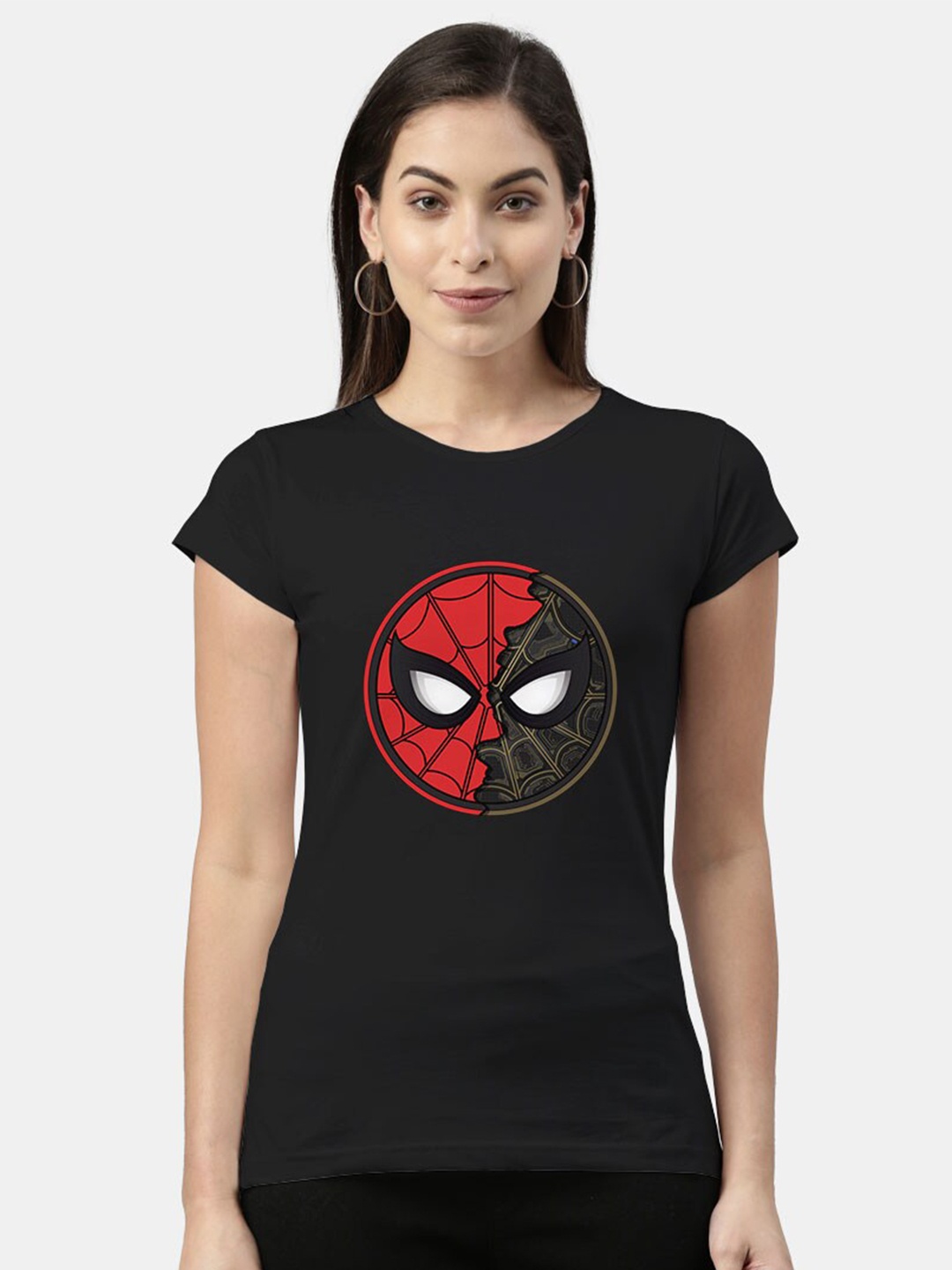 

macmerise Women Black Spidey Printed Bio Finish T-shirt