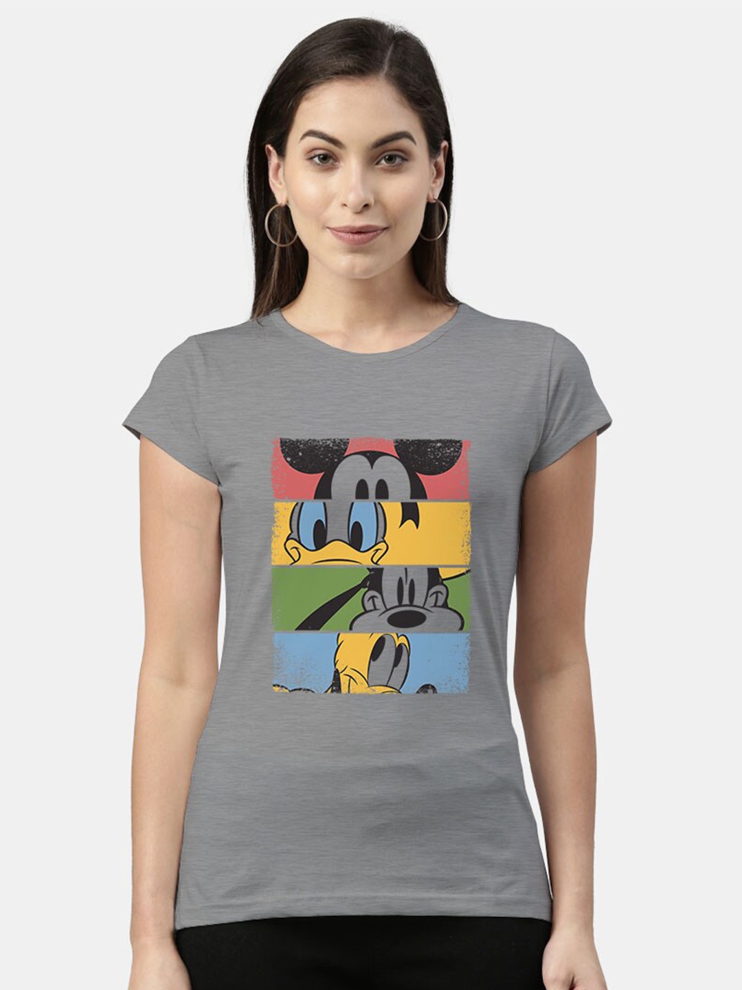 

macmerise Women Grey & Mustard Yellow Printed Bio Finish T-shirt