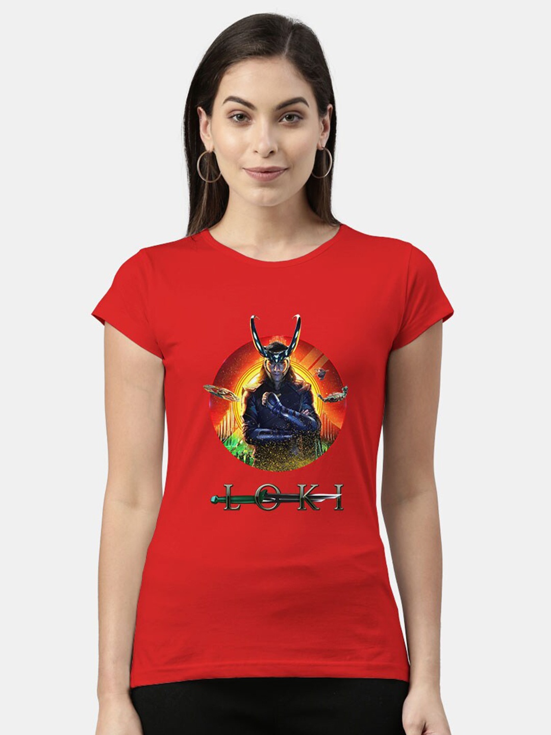 

macmerise Women Red Asgardian Loki Printed Bio Finish T-shirt