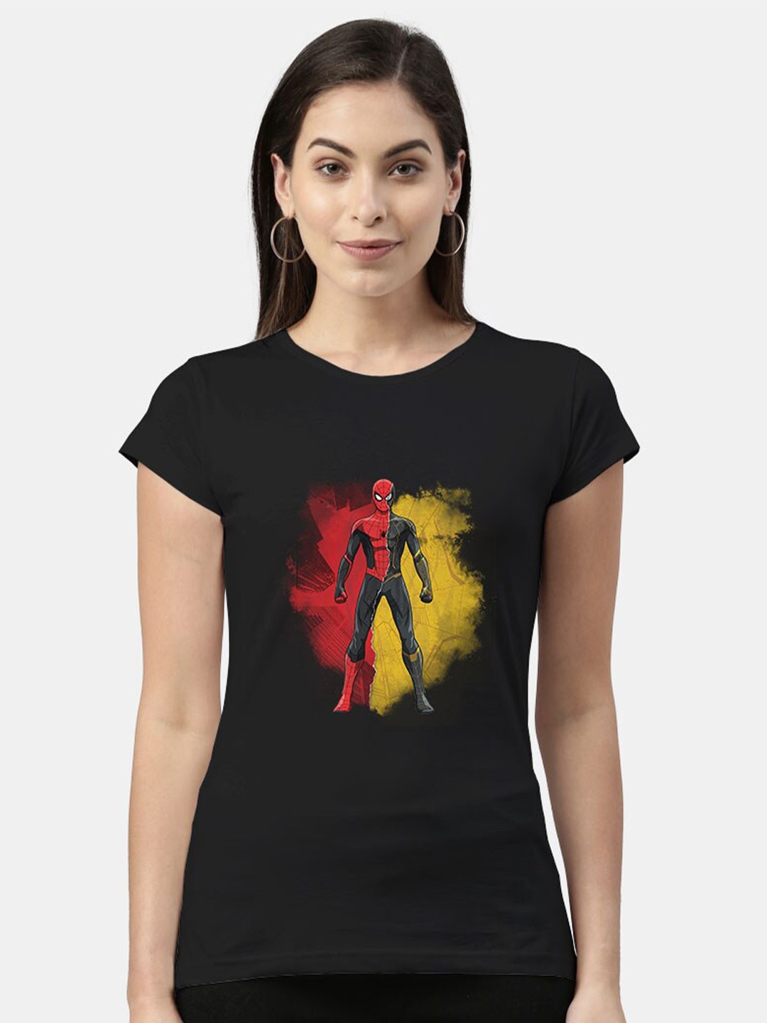 

macmerise Women Black Spider-Man Printed Bio Finish T-shirt