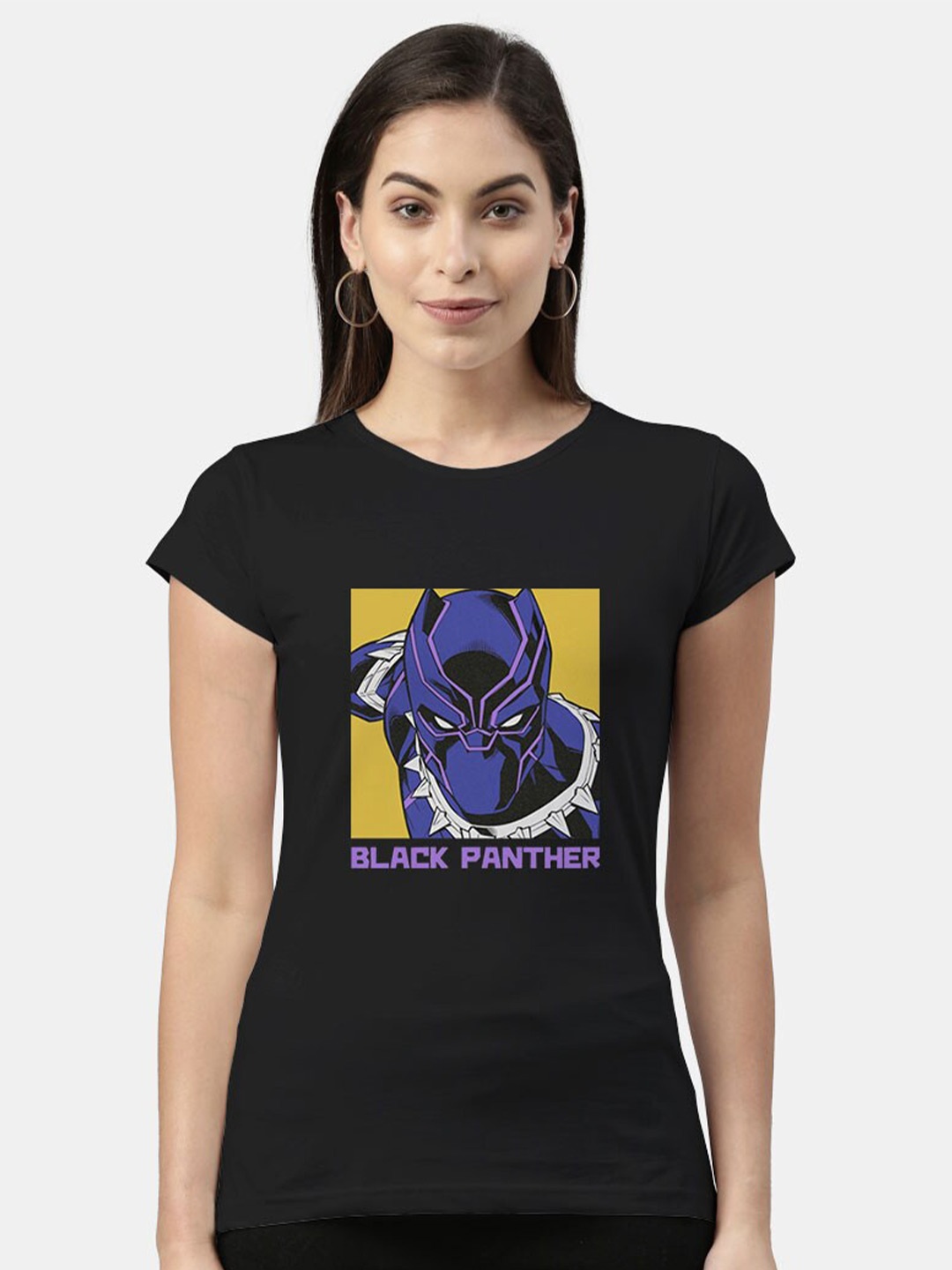 

macmerise Women Black Panther Printed Bio Finish T-shirt