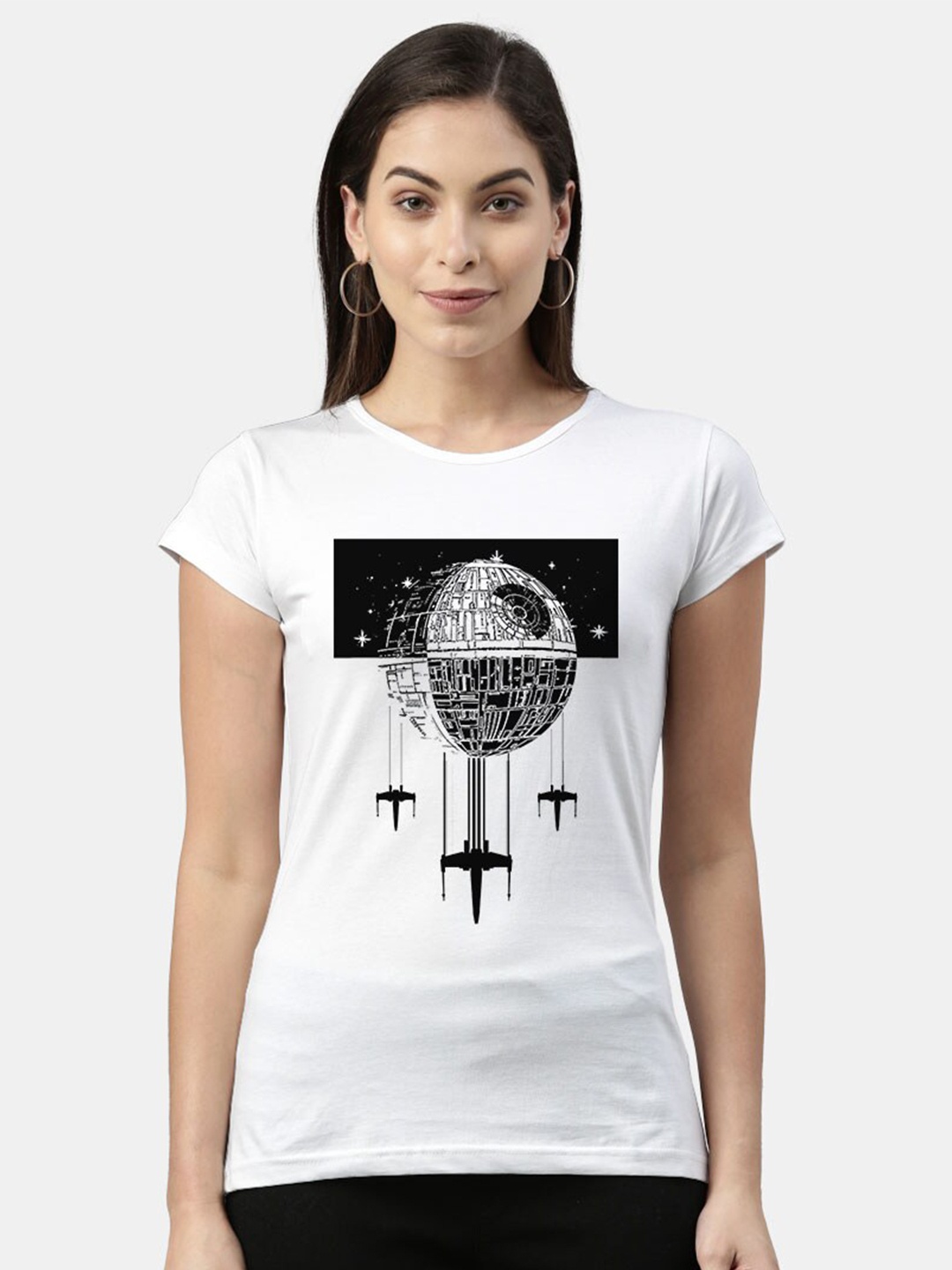 

macmerise Women White Graphic Printed Cotton Bio Finish T-shirt