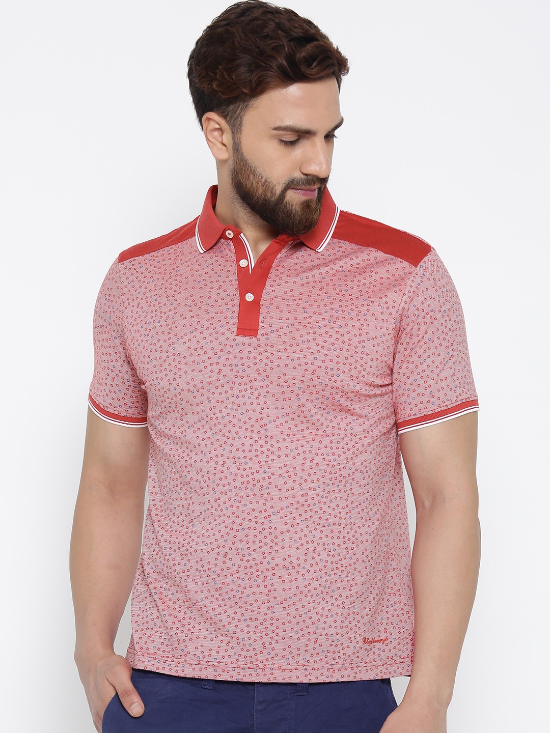 

Blackberrys Men Red & White Pinstriped Printed Polo Collar T-shirt