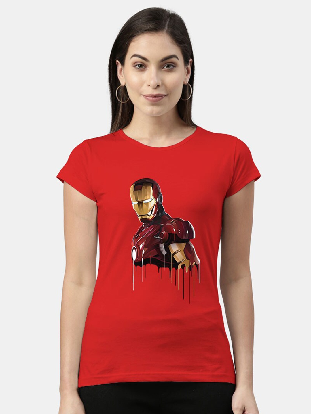 

macmerise Women Red Iron Man Printed Bio Finish T-shirt