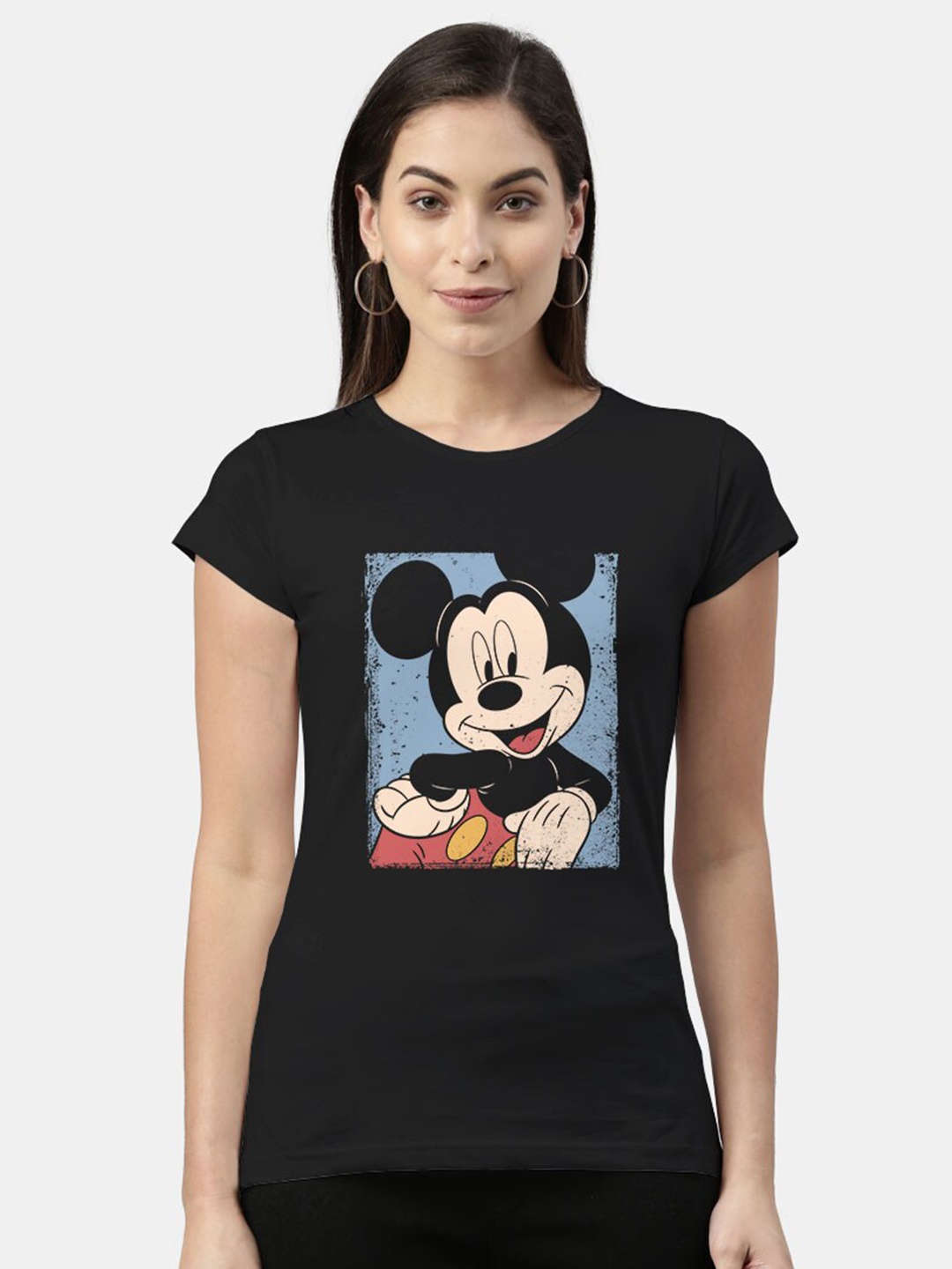 

macmerise Women Black & Blue Mickey Mouse Printed Extended Sleeves Bio Finish T-shirt