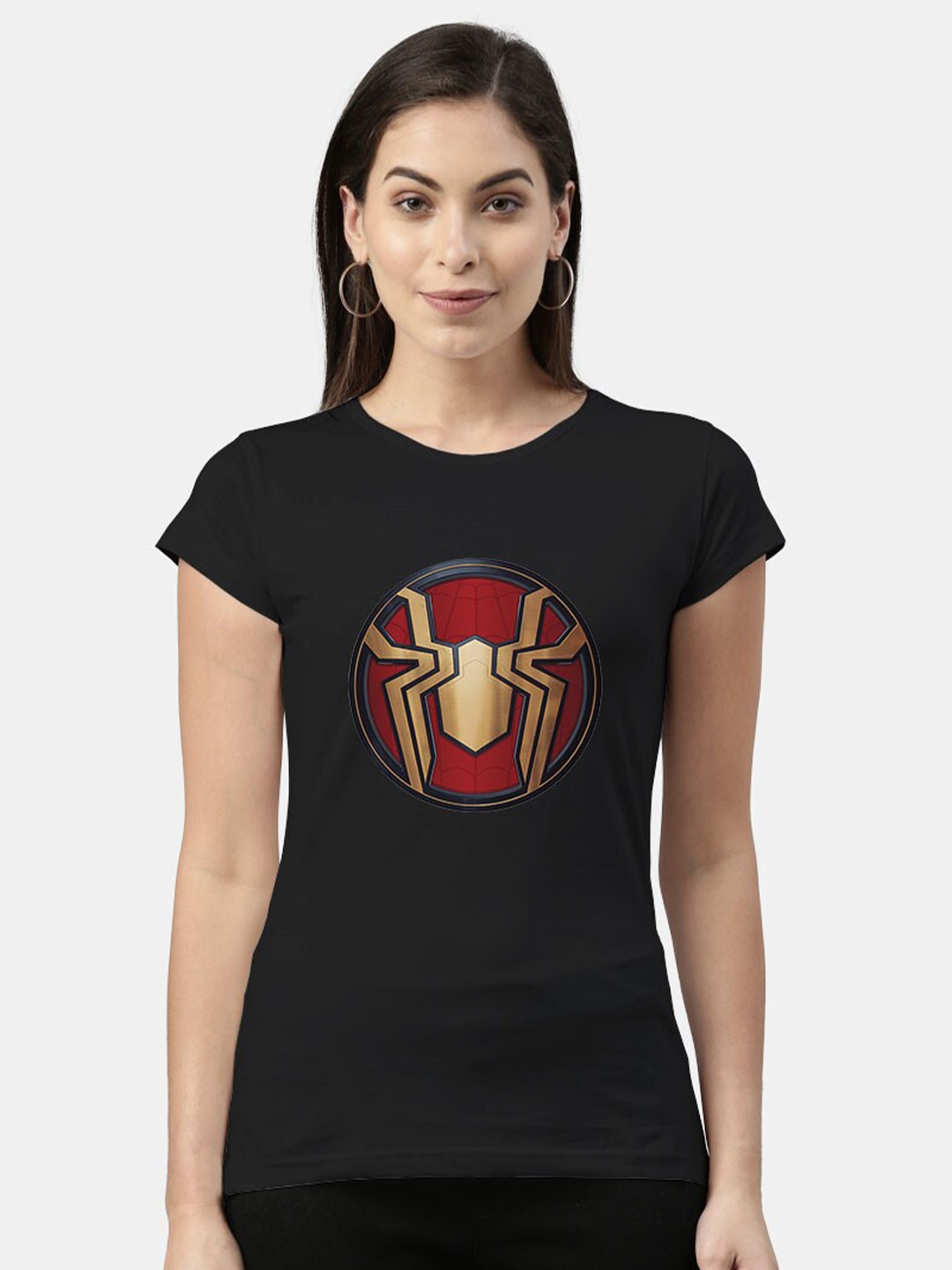 

macmerise Women Black Spider-Man Logo Printed Bio Finish T-shirt