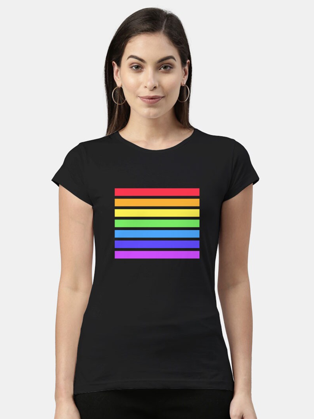 

macmerise Women Black Pride Striped Bio Finish T-shirt