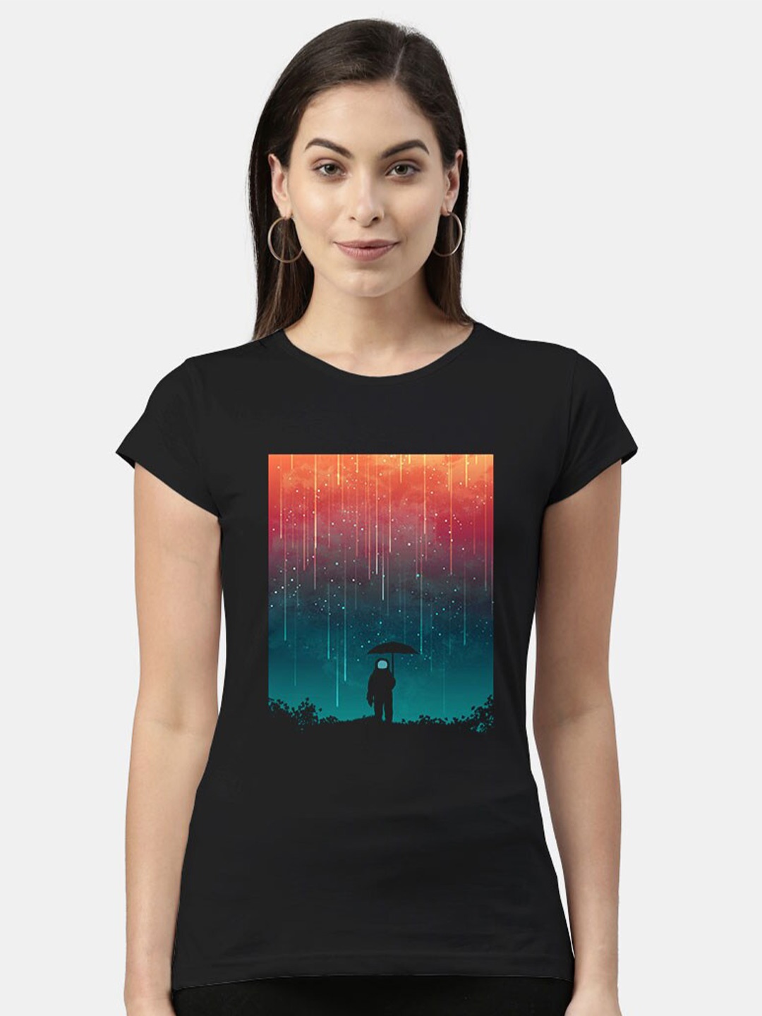 

macmerise Women Black Printed Cotton T-shirt