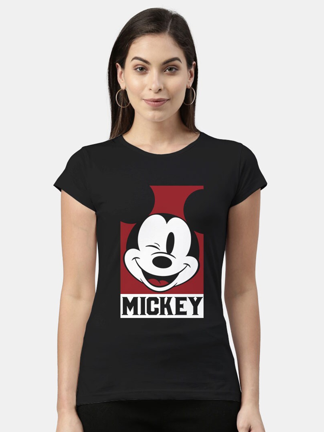 

macmerise Women Black Mickey Mouse Printed Bio Finish Cotton T-shirt