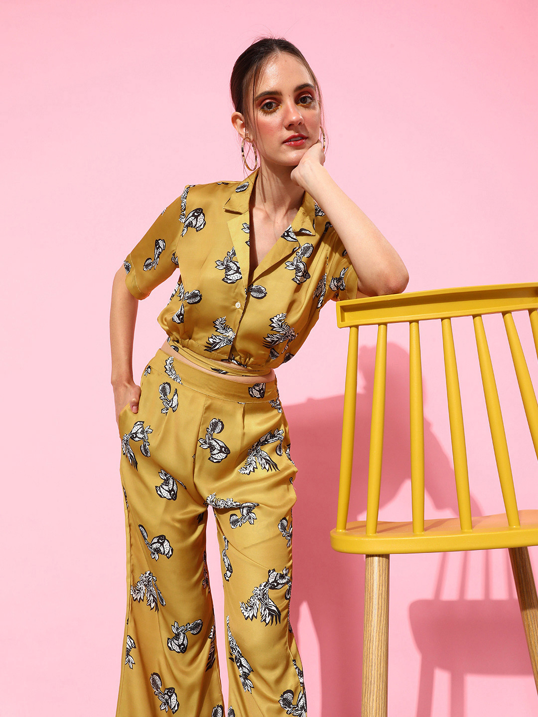 

ANVI Be Yourself Women Satin Printed Top With Palazzos, Yellow