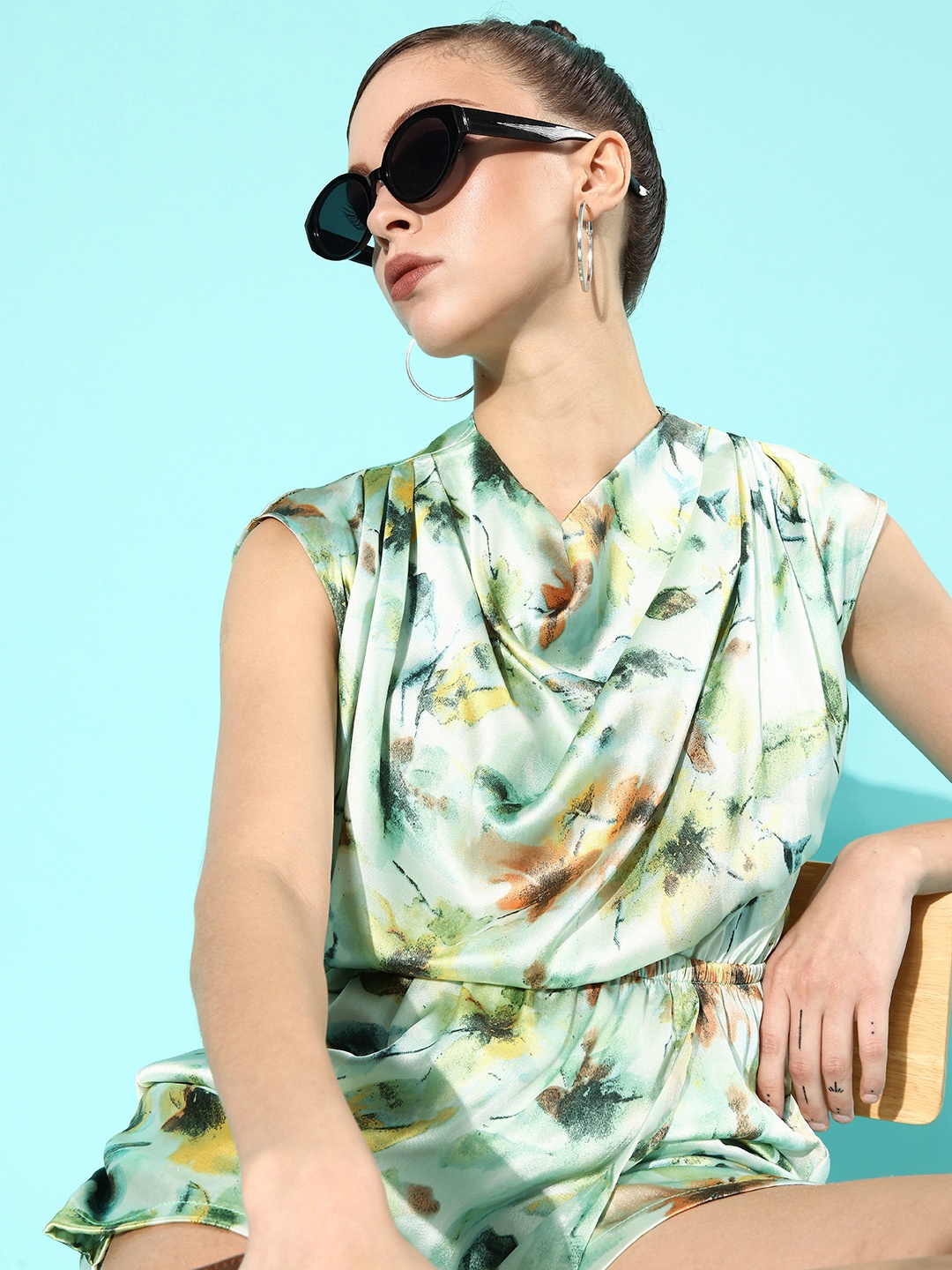 

ANVI Be Yourself Women Gorgeous Green Printed New Neckline Jumpsuit