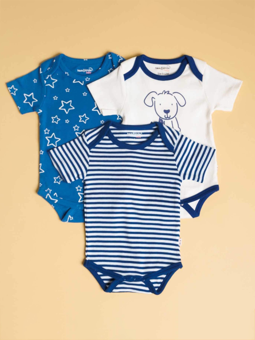 

haus & kinder Infant Kids Pack Of 3 Blue & White Printed Cotton Bodysuits