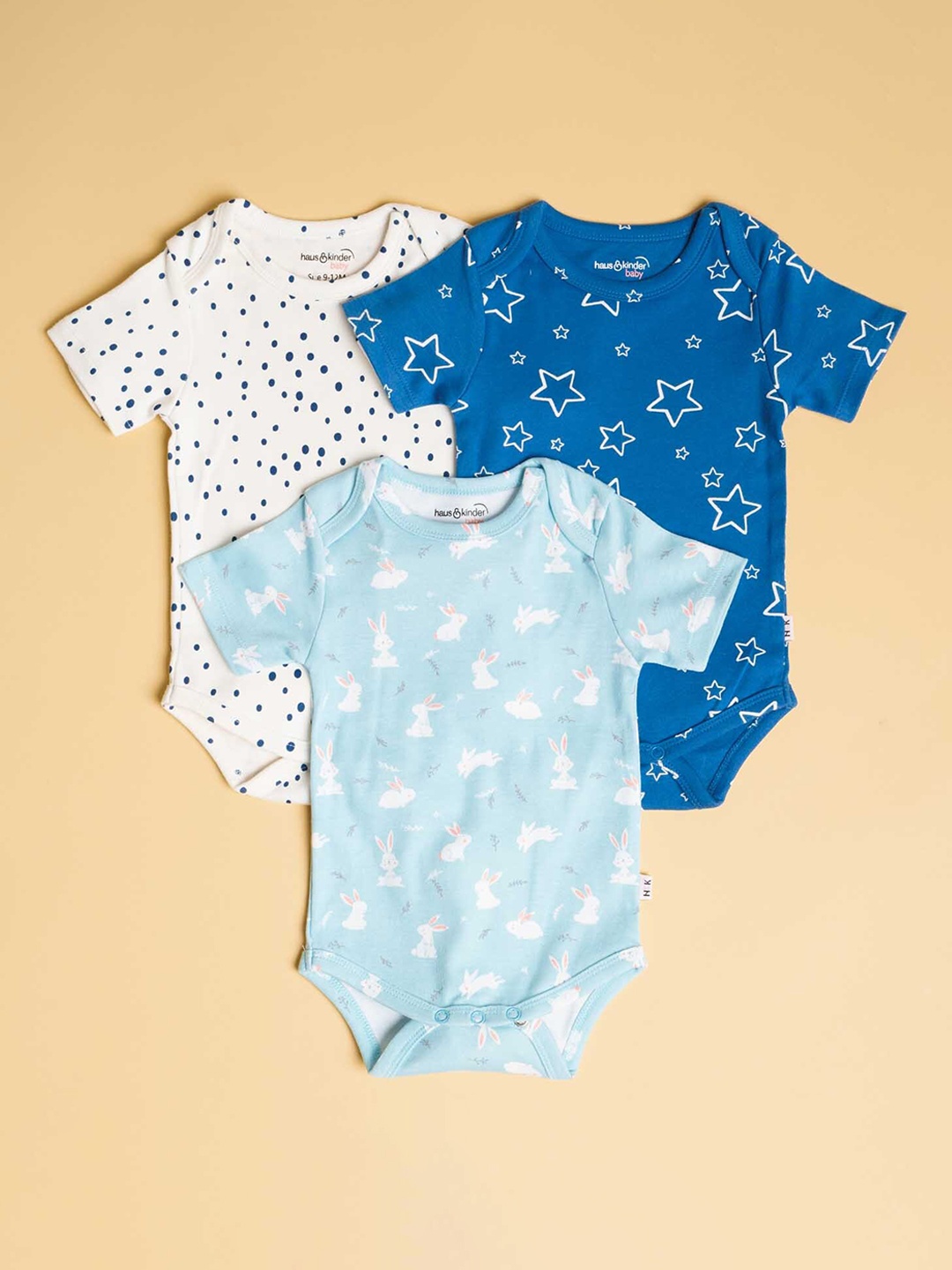 

haus & kinder Infant Pack Of 3 White & Blue Printed Pure Cotton Rompers