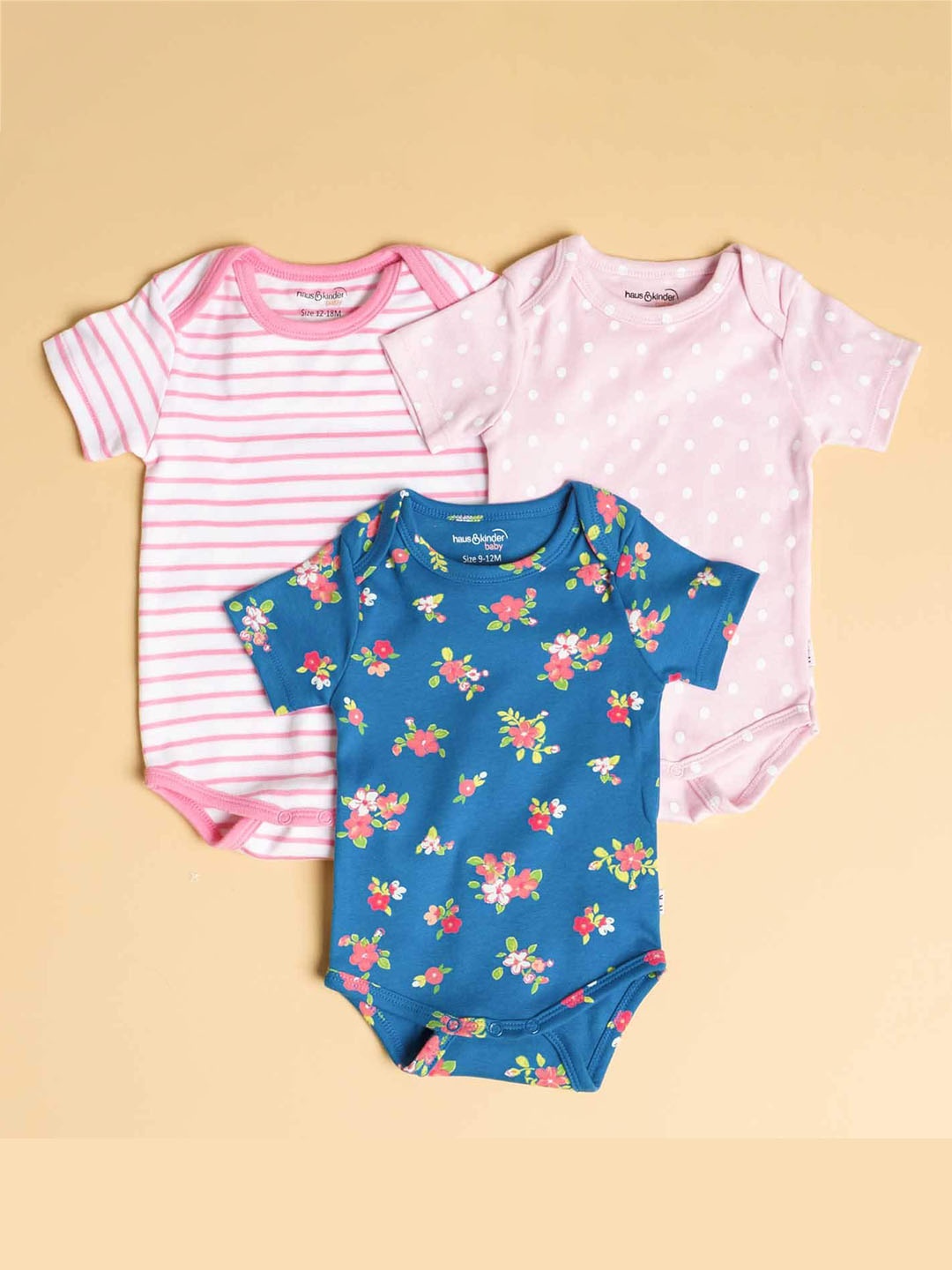 

haus & kinder Infant Kids Pack Of 3 Printed Pure Cotton Bodysuits, Pink
