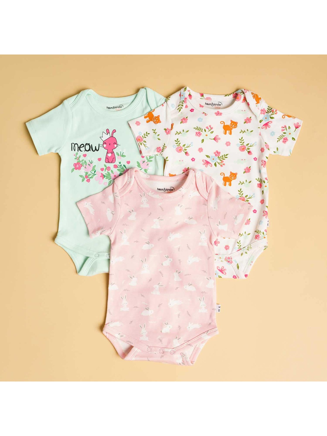 

haus & kinder Kids Set of 3 Printed Cotton Bodysuits, Sea green