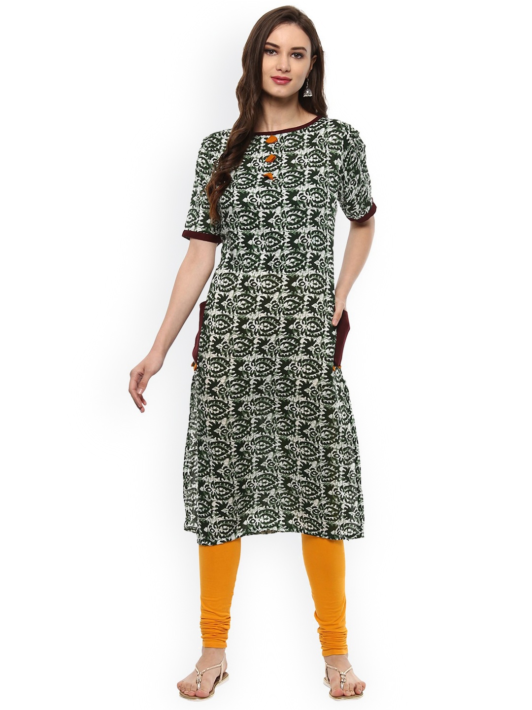 

Pannkh Women Green & White Printed Straight Kurta