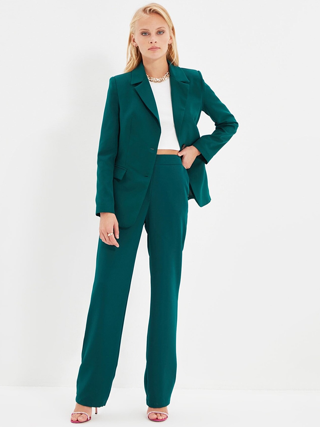 

Trendyol Women Green Straight Formal Trousers