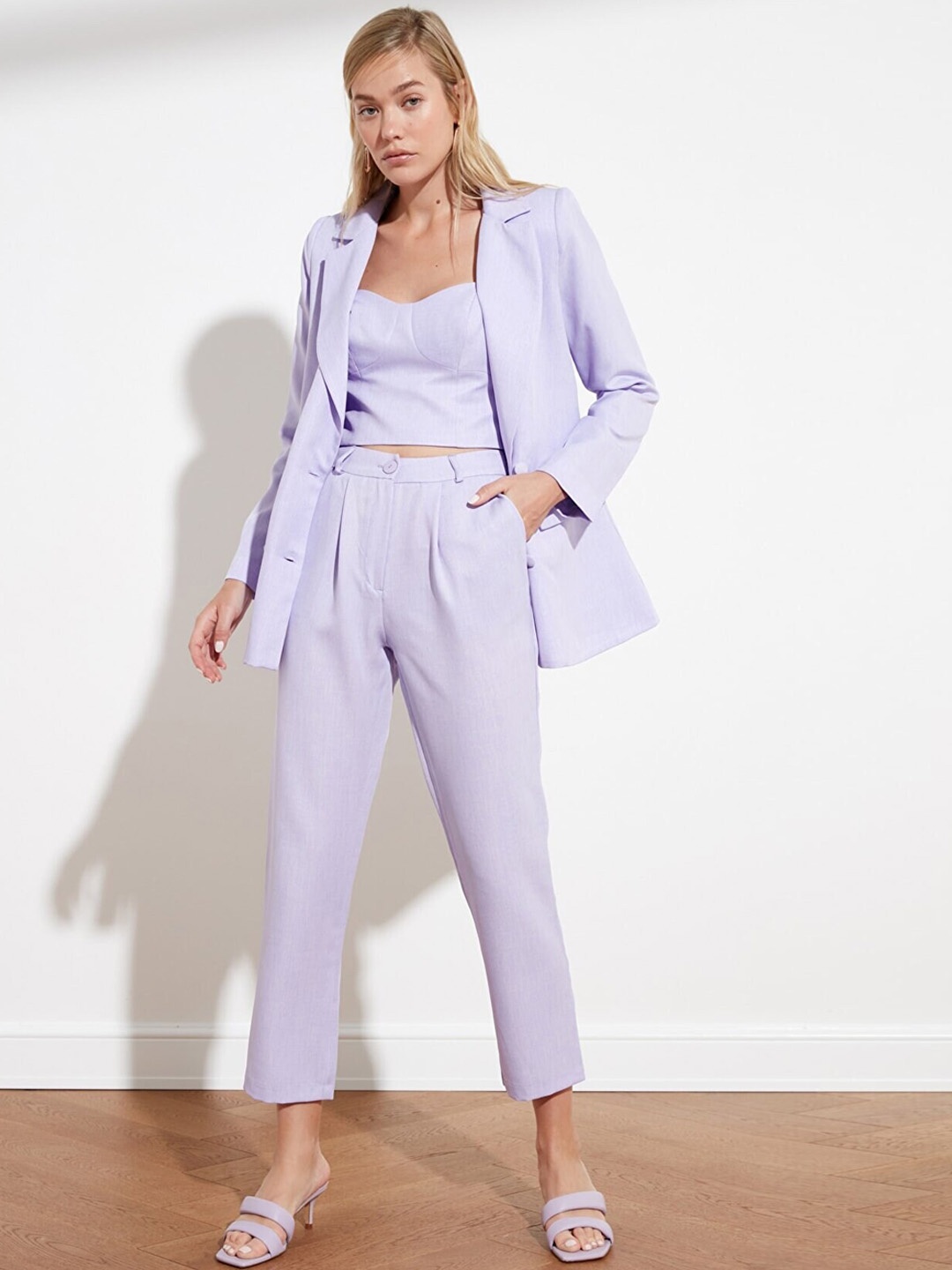 

Trendyol Women Lavender High-Rise Pleated Formal Trousers