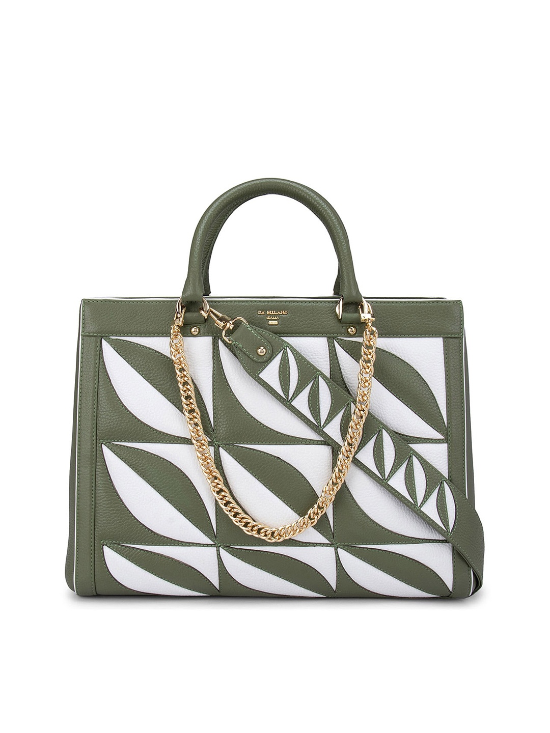 

Da Milano Olive Green & White Printed Leather Structured Satchel