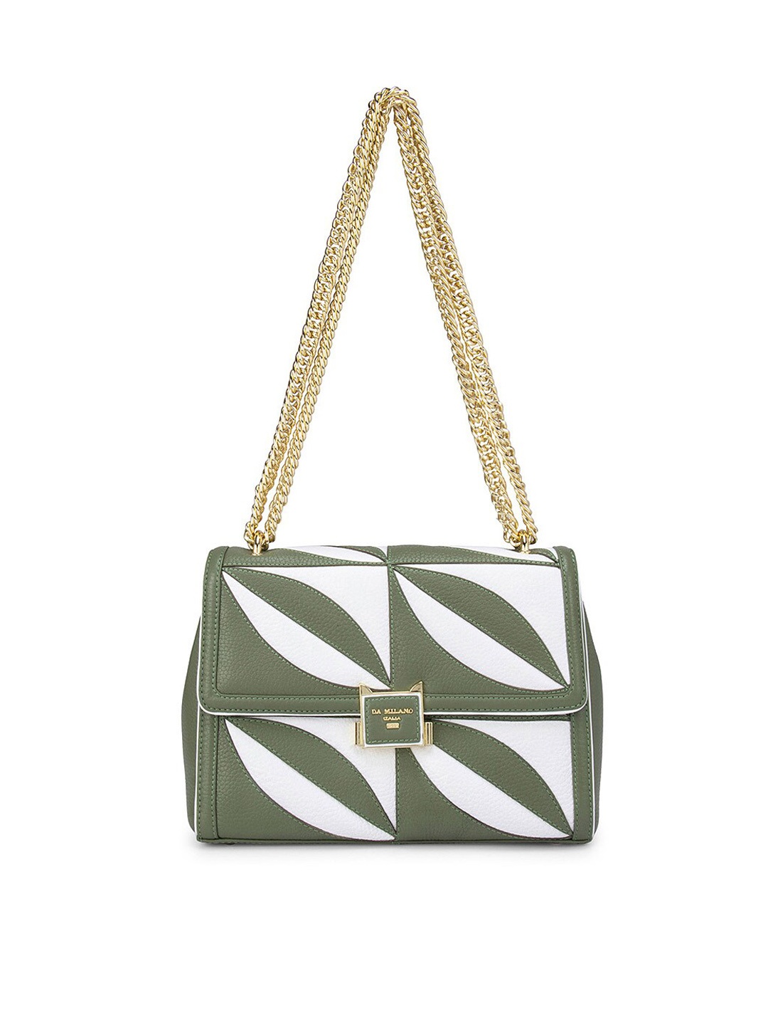 

Da Milano Olive Green & White Colourblocked Leather Structured Shoulder Bag