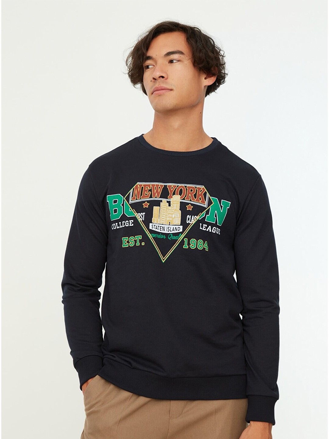 

Trendyol Men Navy Blue Printed Pullover Sweatshirt