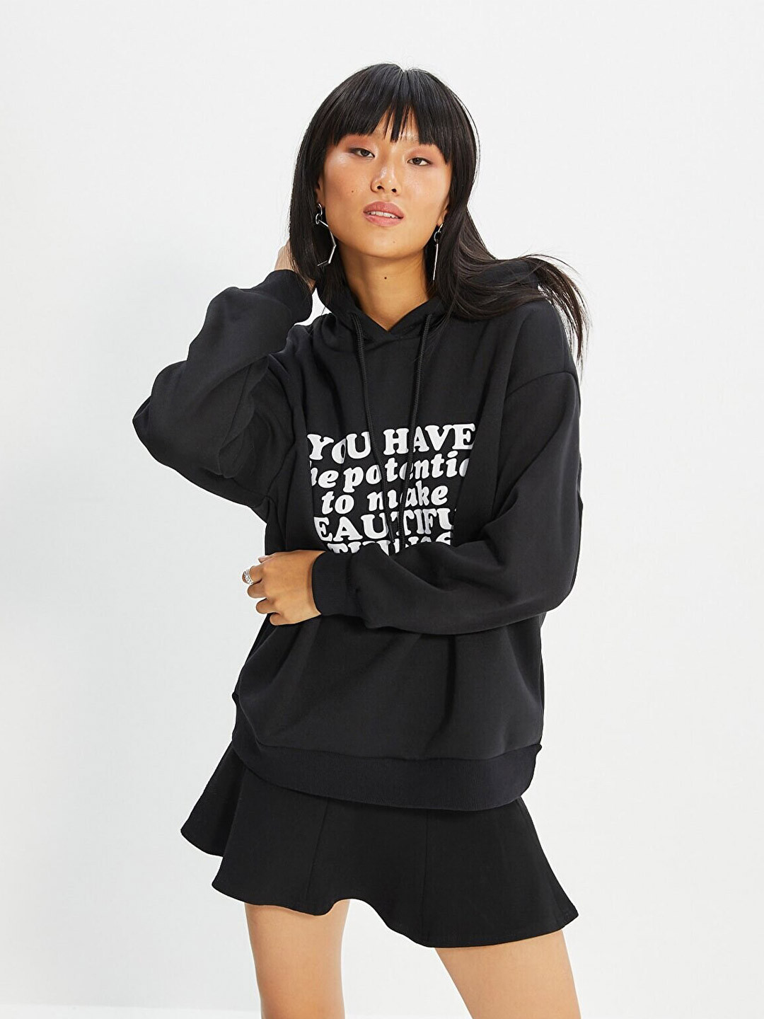 

Trendyol Women Black Printed Hooded Sweatshirt