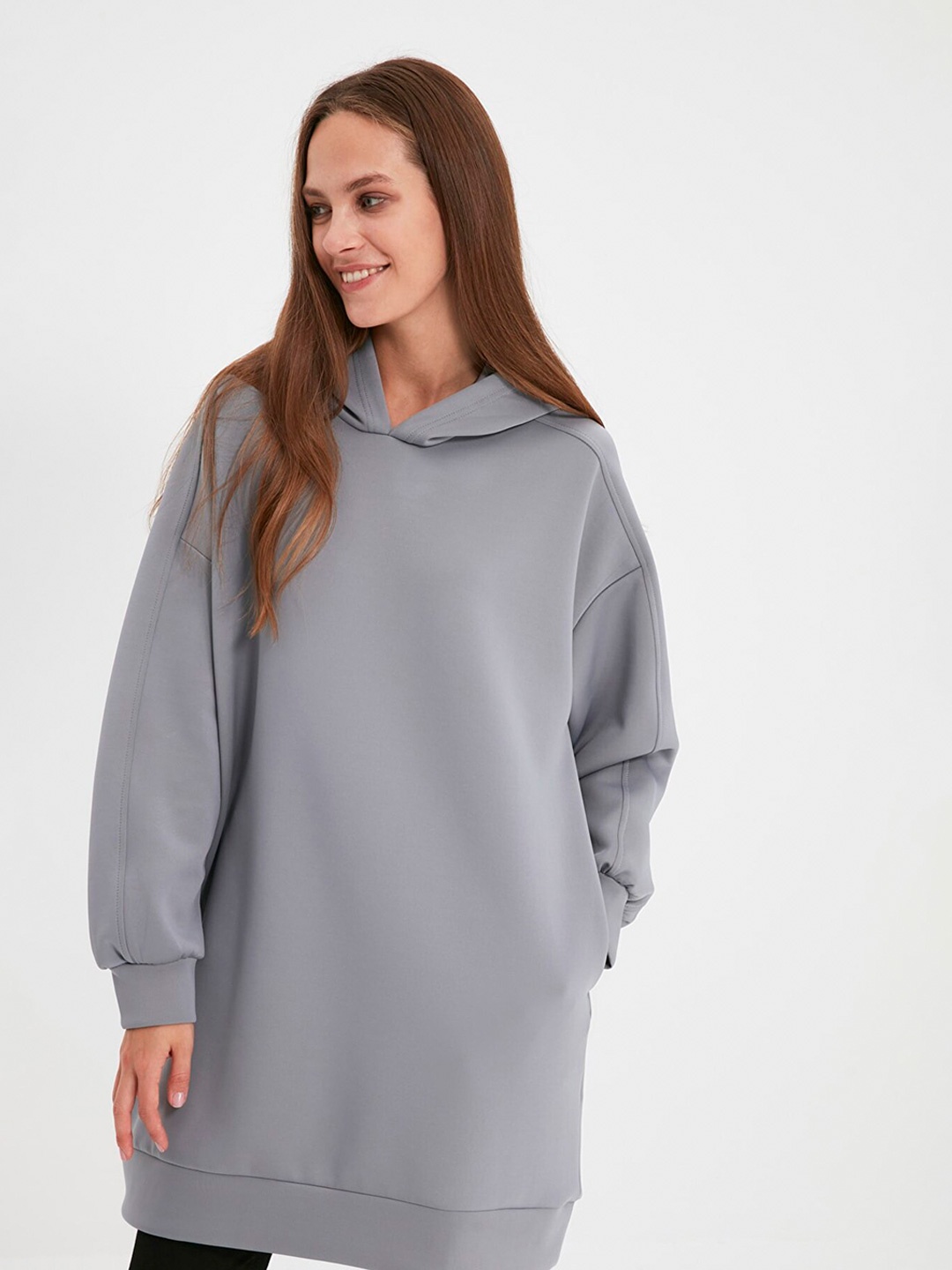 

Trendyol Women Grey Solid Hooded Longline Sweatshirt