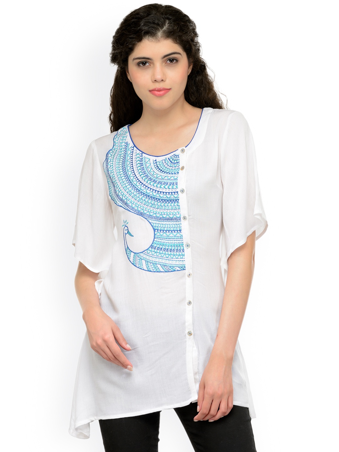 

Bitterlime Women White Embroidered Shirt-Style Top