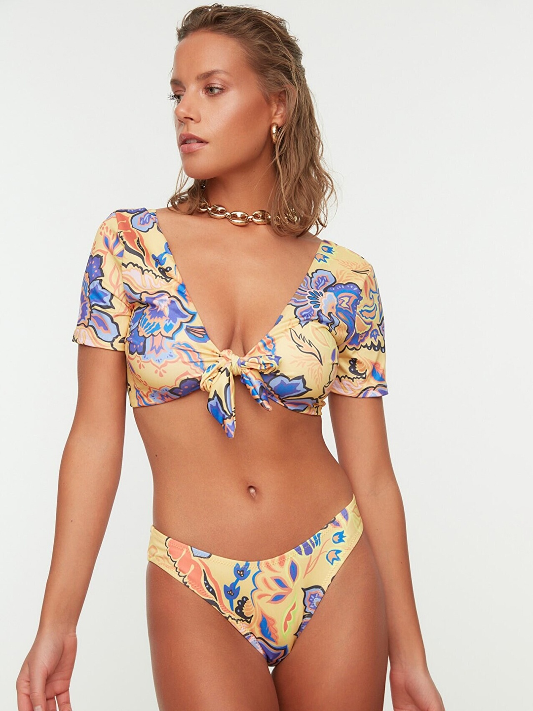 

Trendyol Women Mustard-Yellow Printed Bikini Swim Bottoms