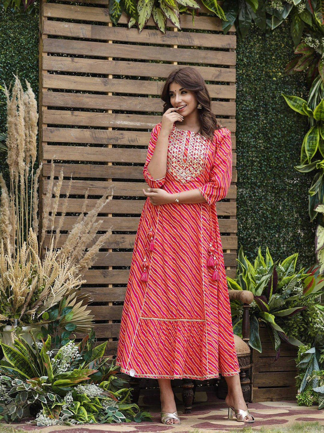 

Juniper Women Red & Orange Flared Cotton Ethnic Maxi Dress