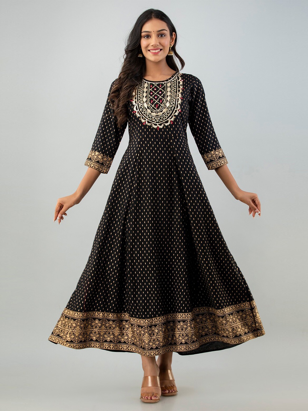 

Juniper Women Black Ethnic Motifs Viscose Rayon Ethnic Flared Dress