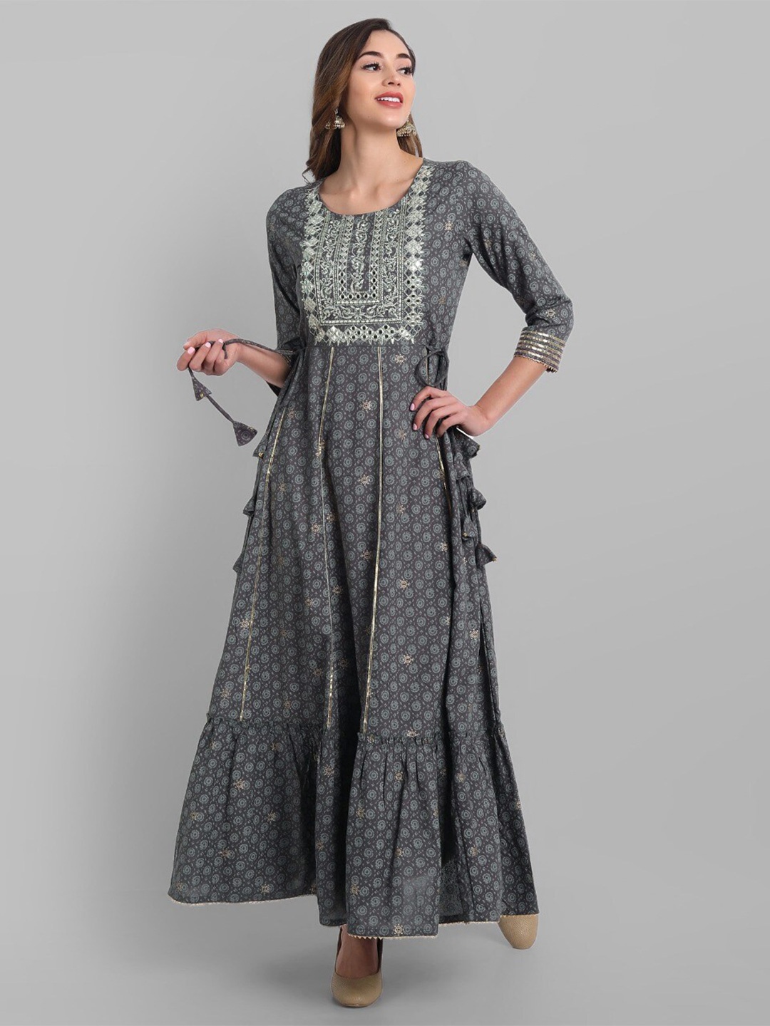 

Juniper Women Grey Embroidered Maxi Ethnic Dress