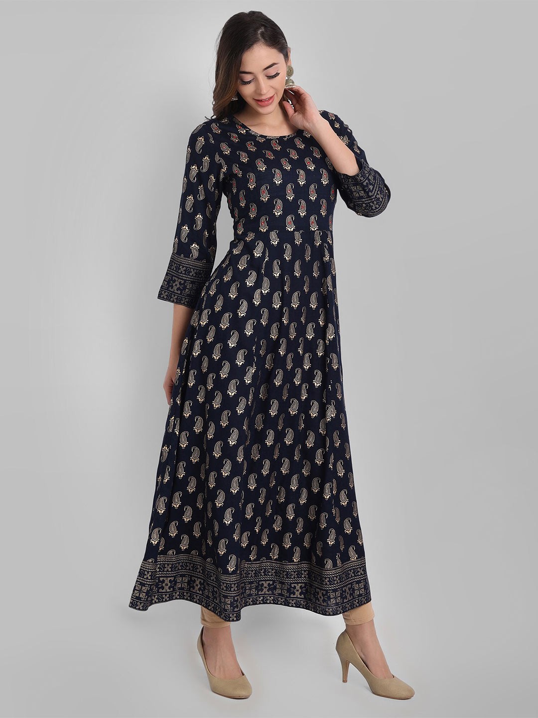 

Juniper Navy Blue & Gold-Toned Ethnic Motifs Ethnic Maxi Dress
