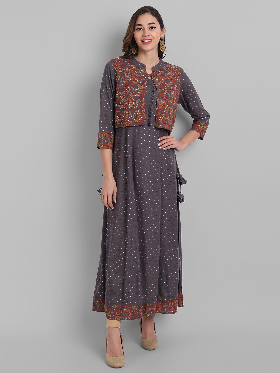 

Juniper Women Grey Printed Rayon Kurta With Jacket