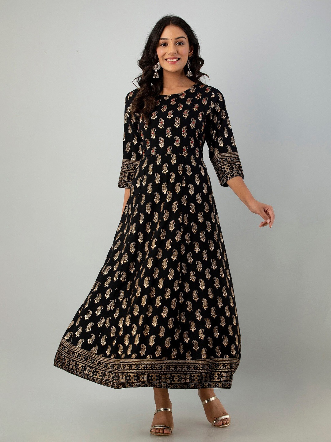 

Juniper Black & Gold-Toned Ethnic Motifs Ethnic Maxi Dress