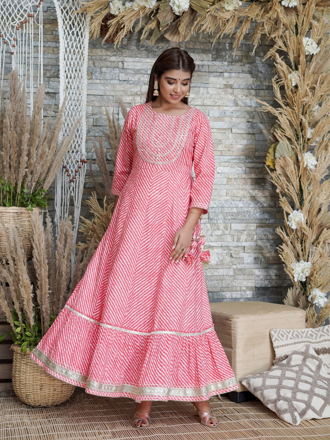 

Juniper Pink Floral Embroidered Ethnic Maxi Dress