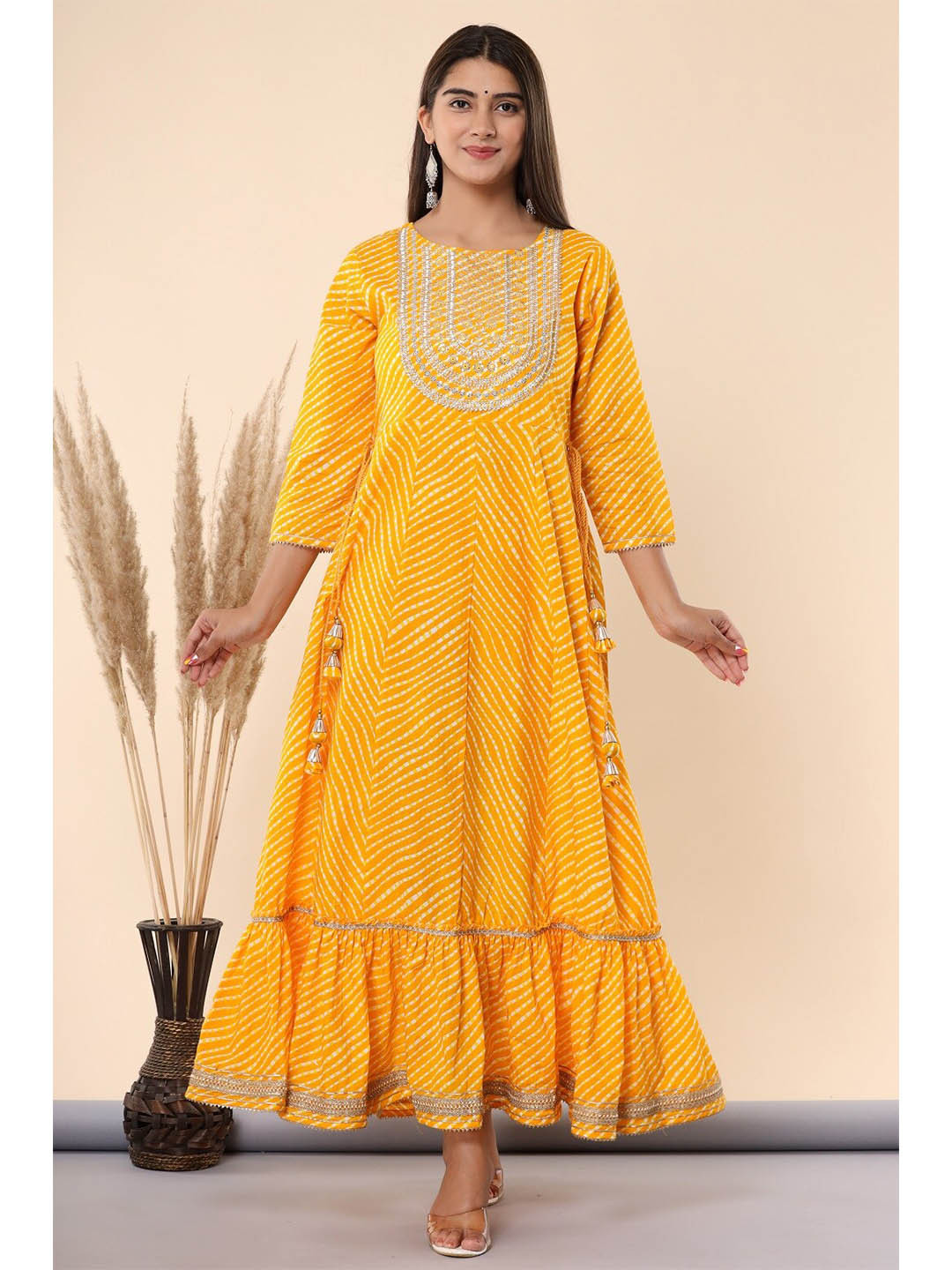 

Juniper Women Yellow Ethnic Printed Sequin Cotton Maxi Dress