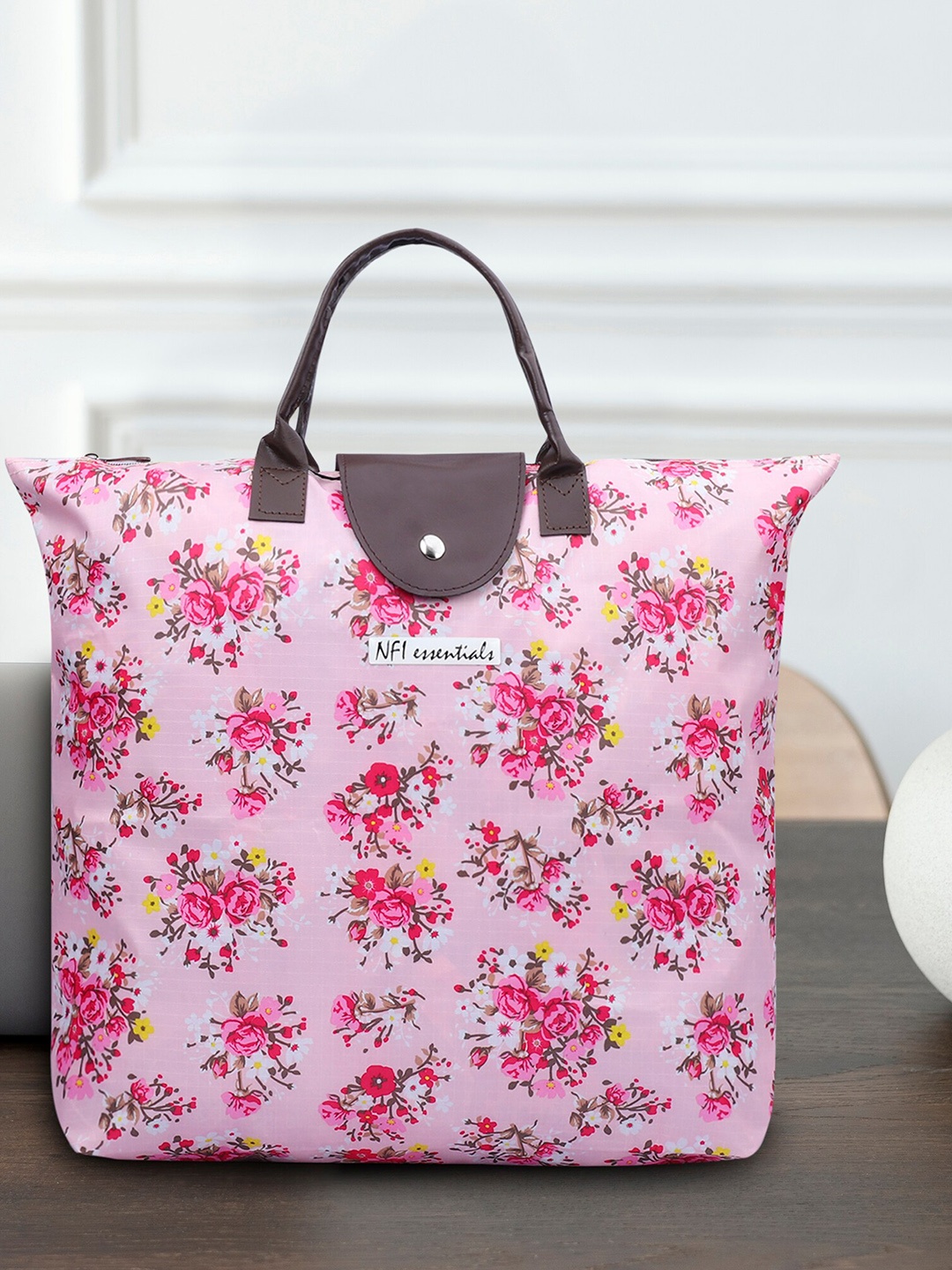 

NFI essentials Pink Floral Printed Shopper Tote Bag with Cut Work